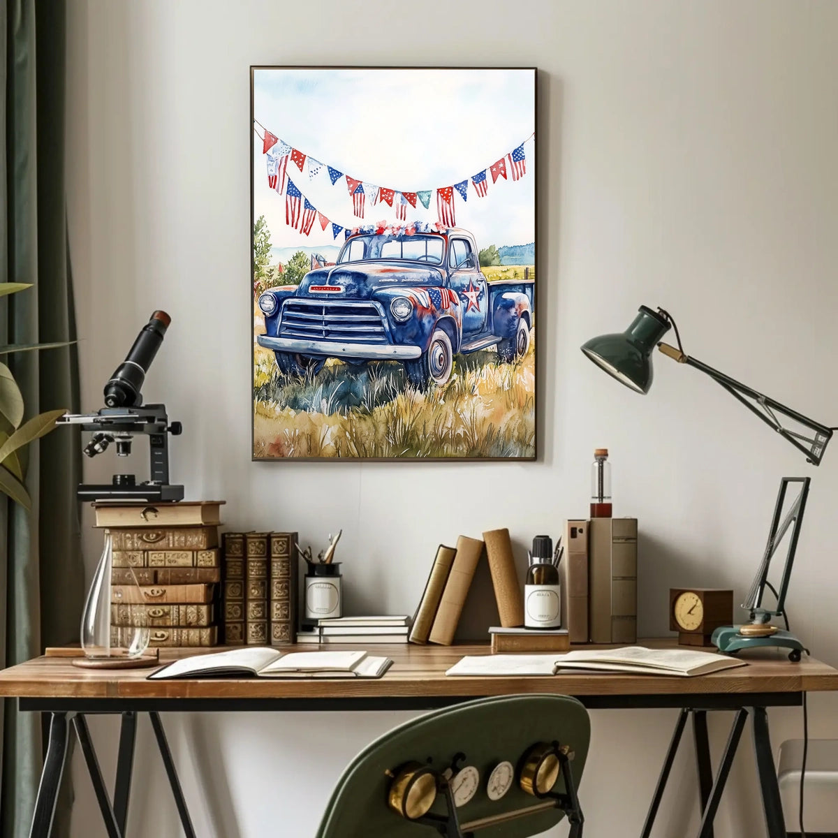 pickup truck parked in a sunny field Poster