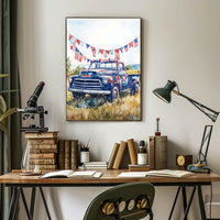 pickup truck parked in a sunny field Poster