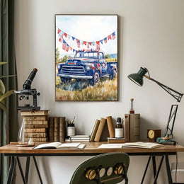 pickup truck parked in a sunny field Poster