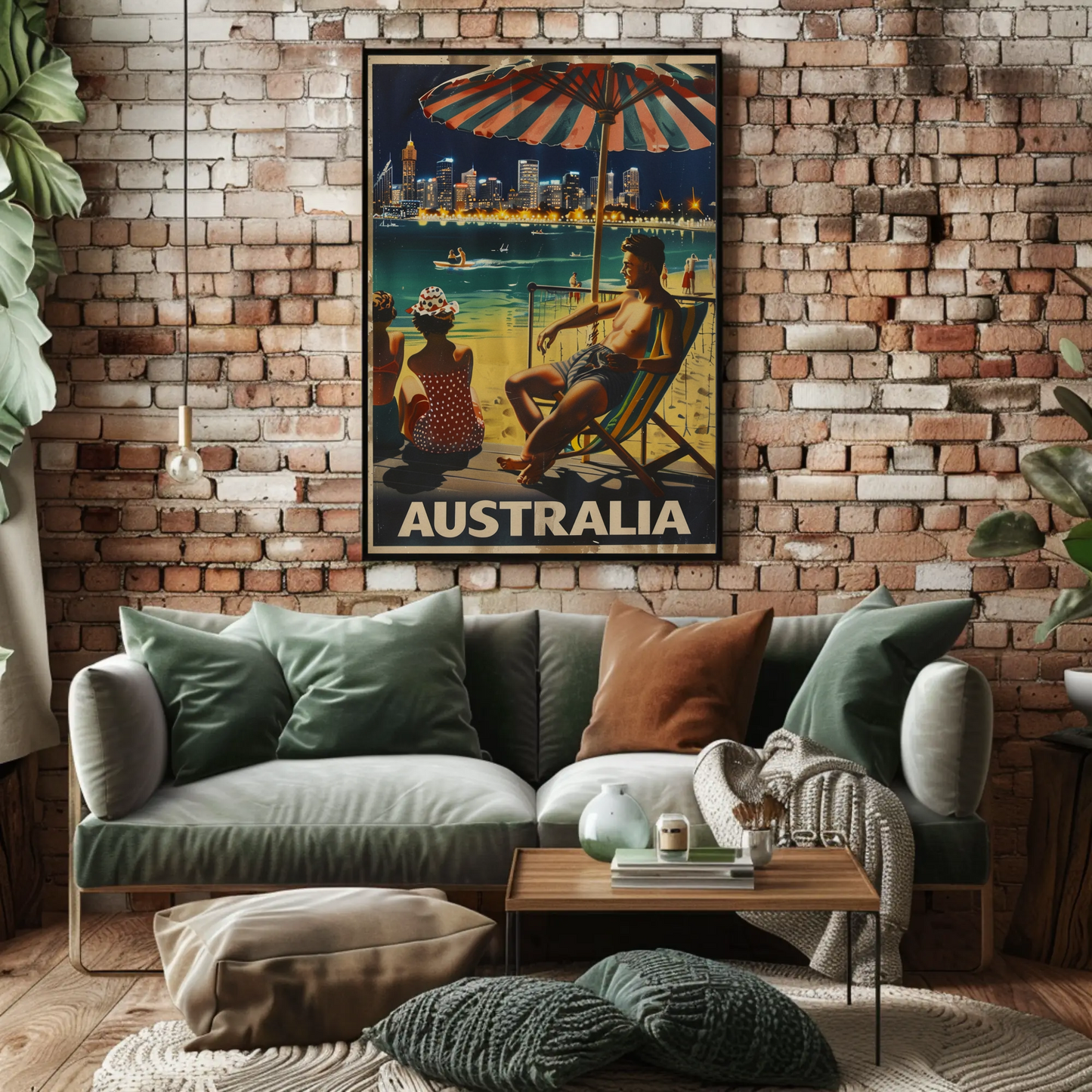 Australia Beach City Night Relaxing Scene Vintage Travel Poster