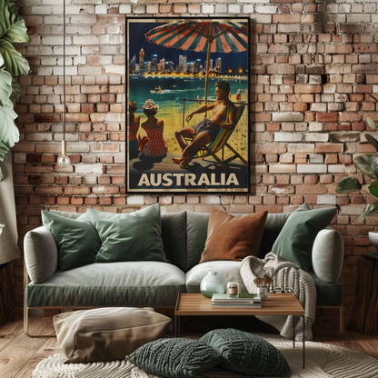 Australia Beach City Night Relaxing Scene Vintage Travel Poster