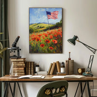 peaceful field of poppies with one large American flag Poster