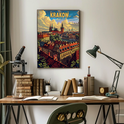 Evening Skyline Krakow Poland Travel Poster