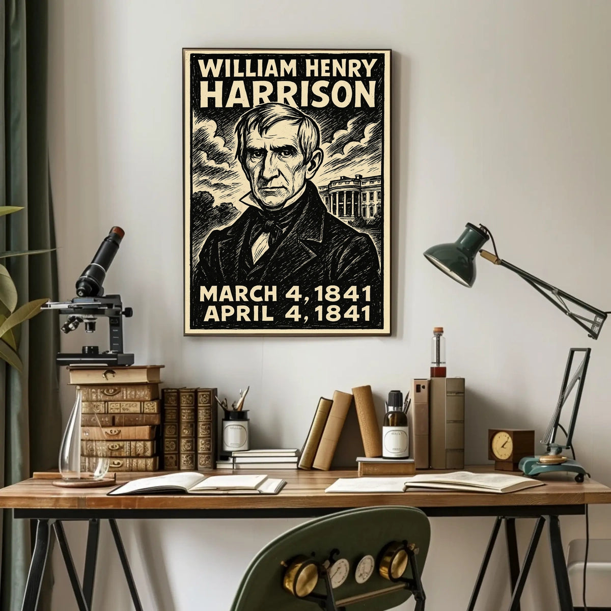 William Henry Harrison 9th President of the United States B & W Comic Sketch Poster