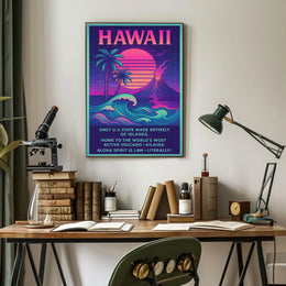 The poster centers on Hawaii, emphasizing its unique geographical and cultural attributes. The Travel Poster