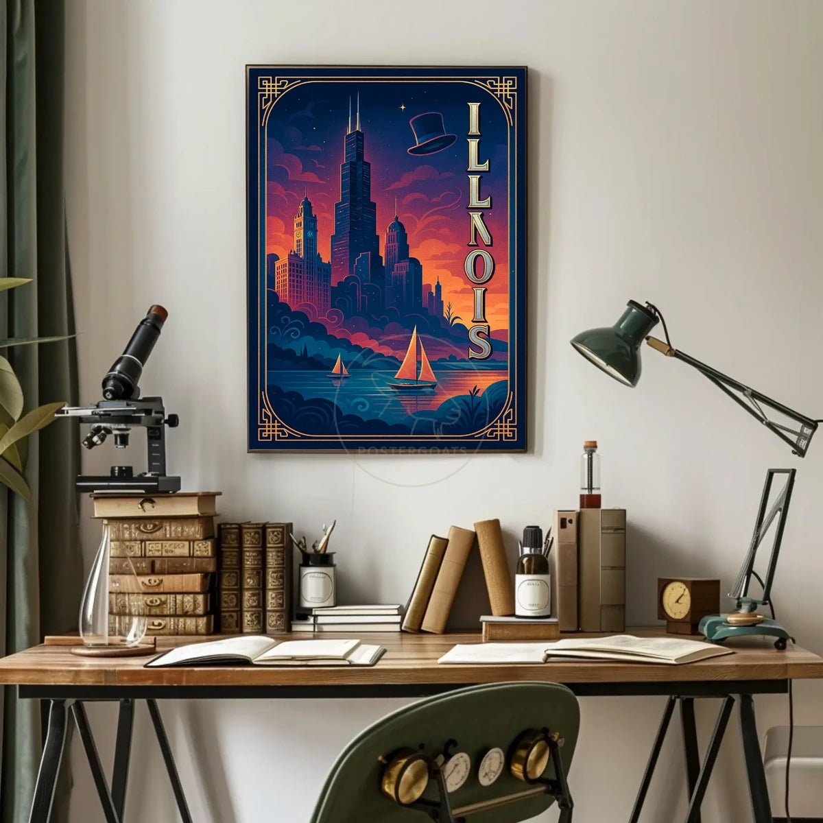 Illinois Vintage Cityscape with Whimsical Charm Urban or Cityscape Poster