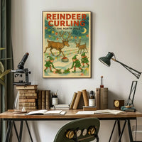 Reindeer Curling at the North Pole Poster