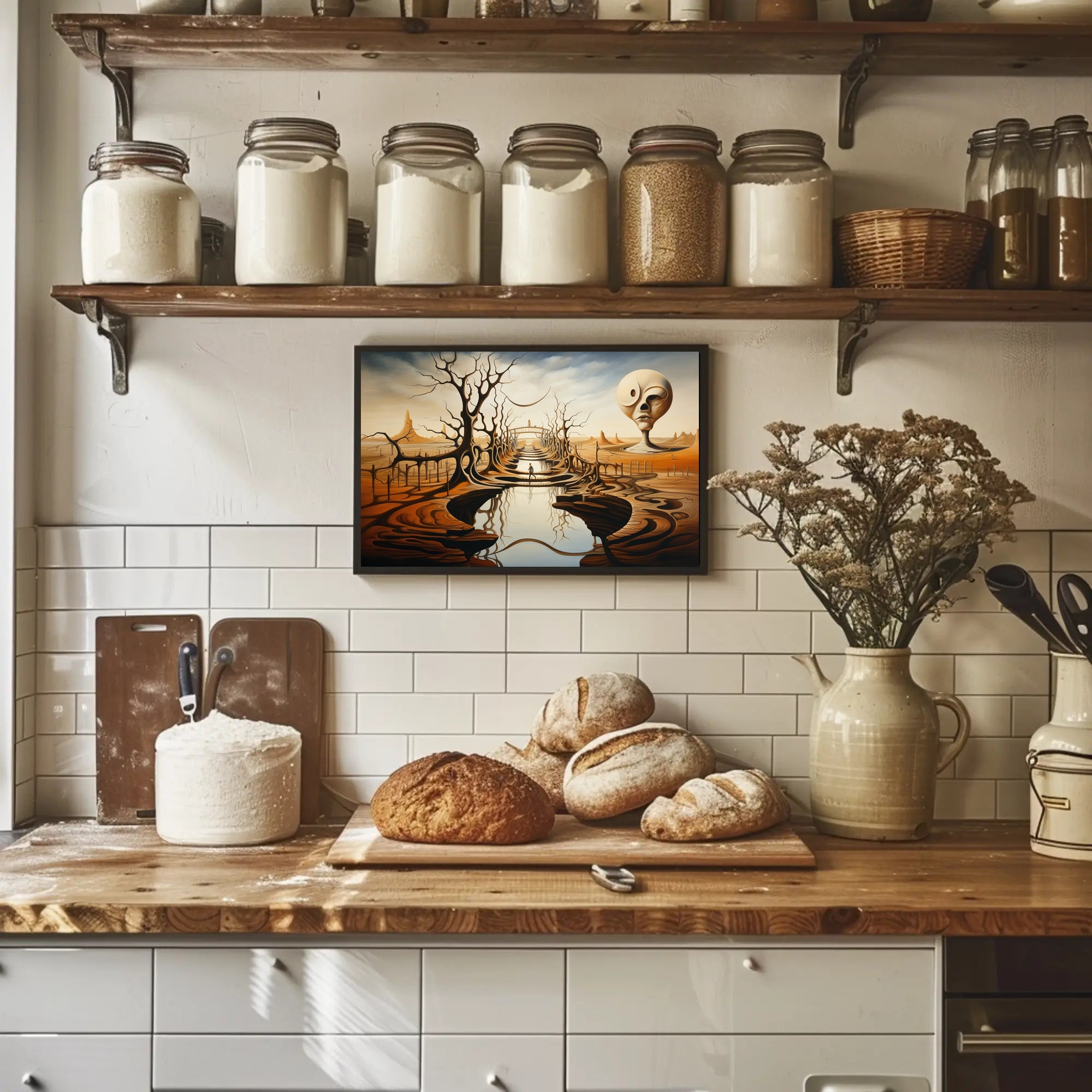 Surreal Landscape with Enigmatic Sculpture Artistic Poster