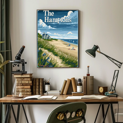 The Hamptons Beach Dunes House Umbrellas Travel Poster