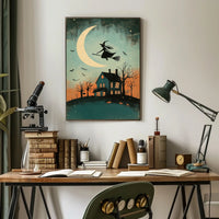 Witch and Moon Halloween Vintage Spooky Whimsical Poster