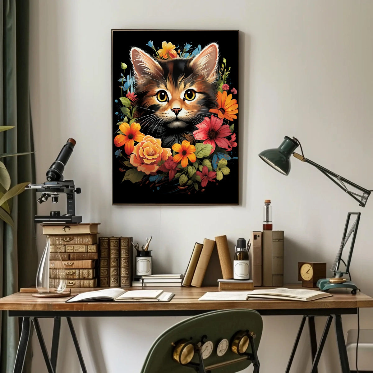 Charming Cat and Flowers Modern Art Poster