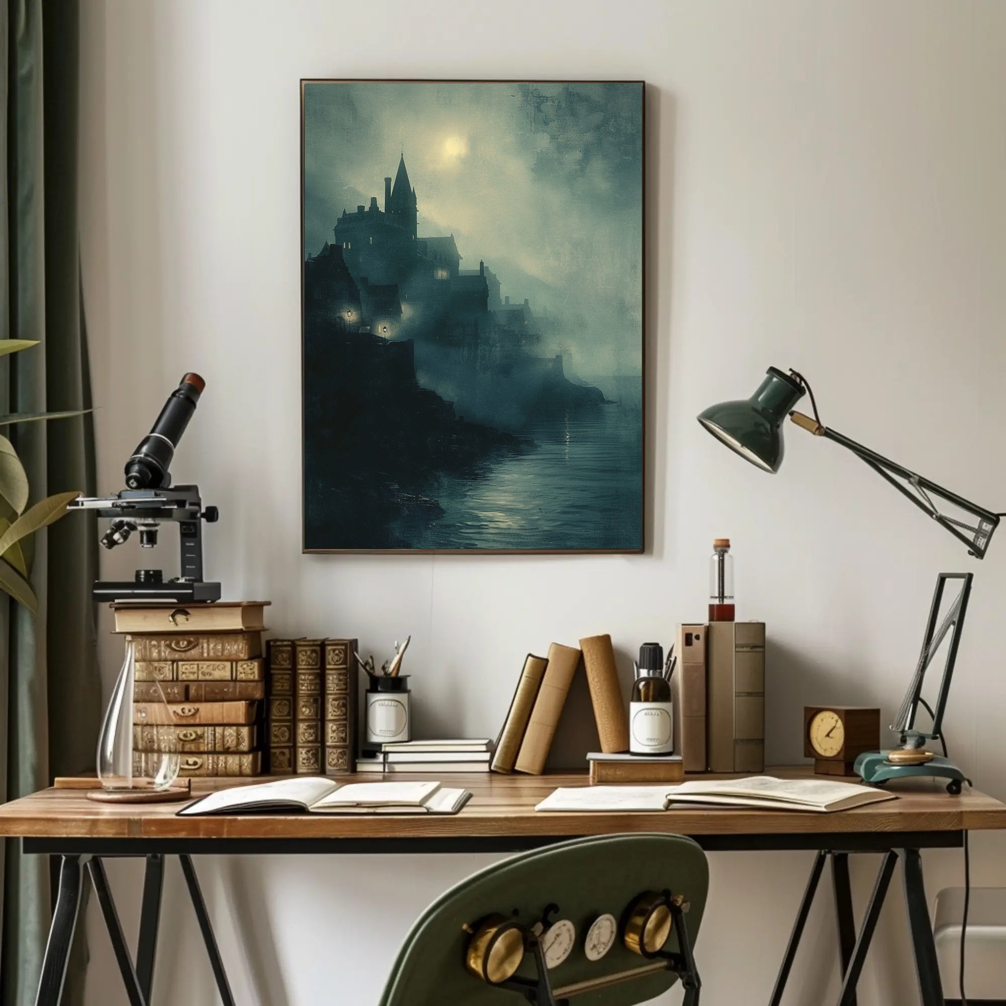 Gothic Castle Overlooking Moonlit Cliff: Fantasy or Mythology Poster PosterGoat