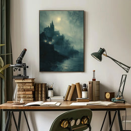 Gothic Castle Overlooking Moonlit Cliff: Fantasy or Mythology Poster PosterGoat