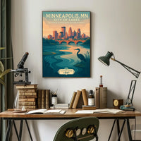 The poster depicts a serene and picturesque representation of Minneapolis, Minnesota, known as Travel Poster