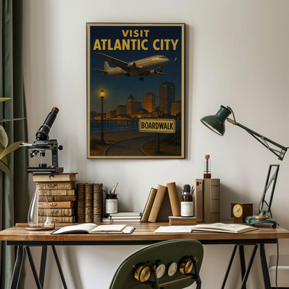 Visit Atlantic City Boardwalk Night Plane Arrival Travel Poster