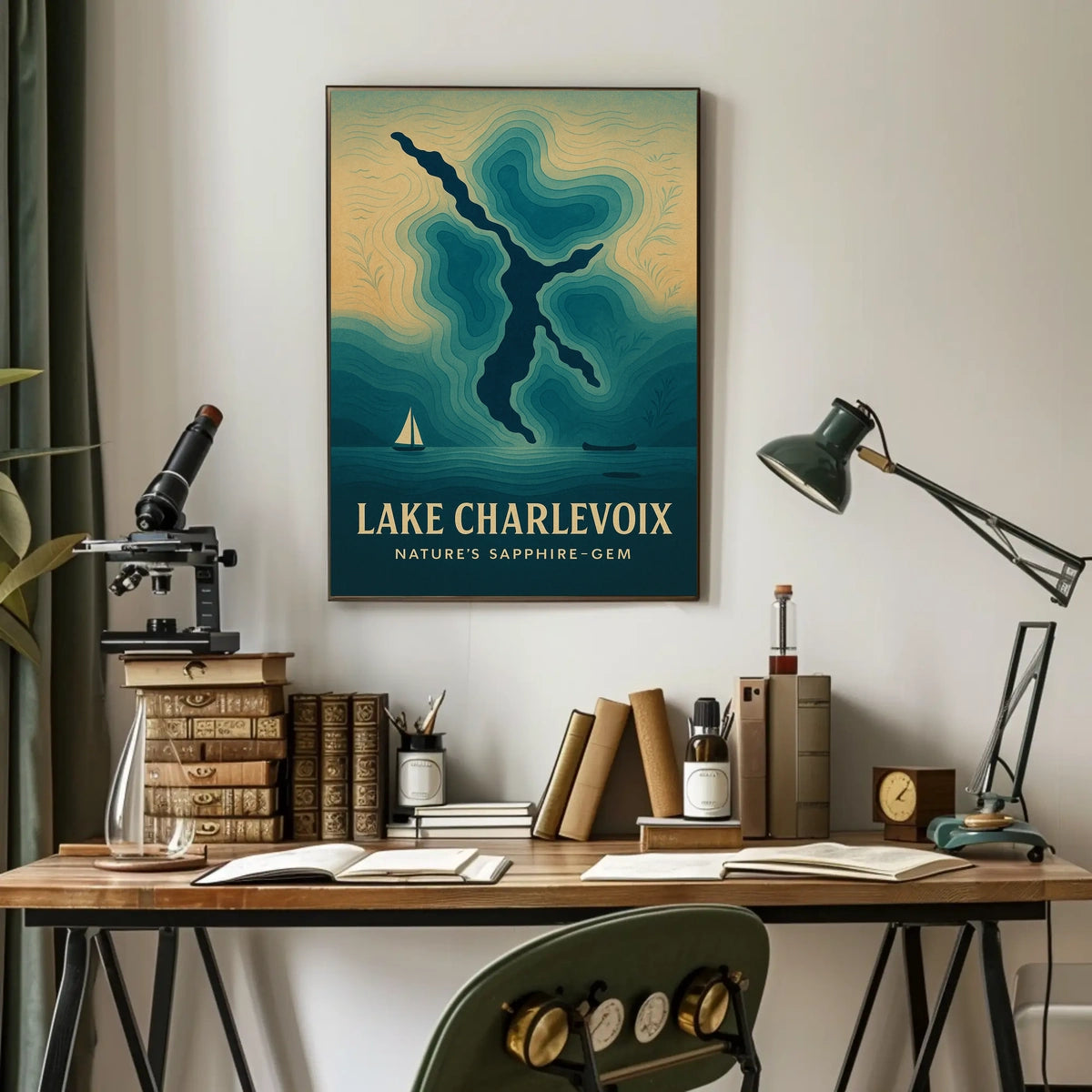 Lake Charlevoix: Sapphire-Gem Abstract Map Travel Poster