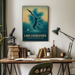 Lake Charlevoix: Sapphire-Gem Abstract Map Travel Poster