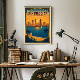 San Diego Sunset Skyline Vintage Travel Poster