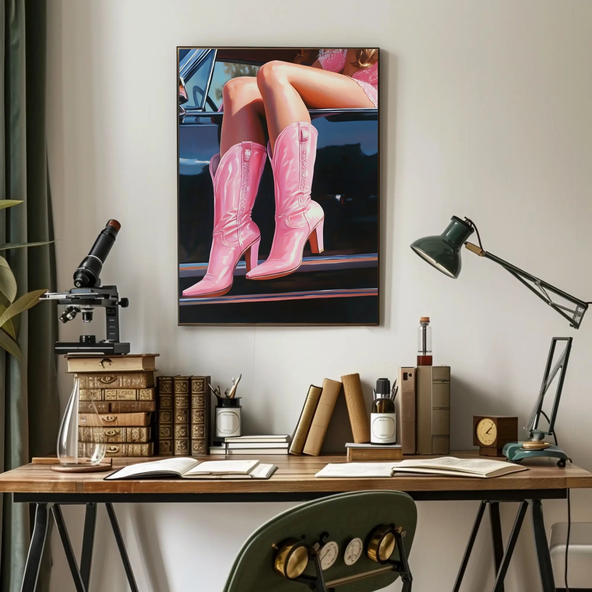 Pink Boots And Classic Car Poster Vintage Wall Art