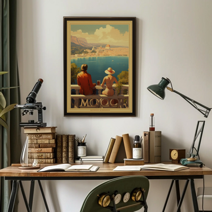 Romantic Coastal City Balcony Couple View Sunset Travel Poster