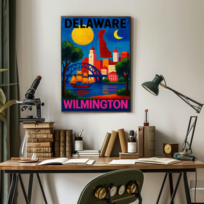 Wilmington Delaware Sailboat Bridge Skyline Travel Poster