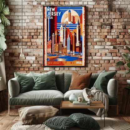 New Jersey USA 1950s Waterfront Skyline Vintage Travel Poster
