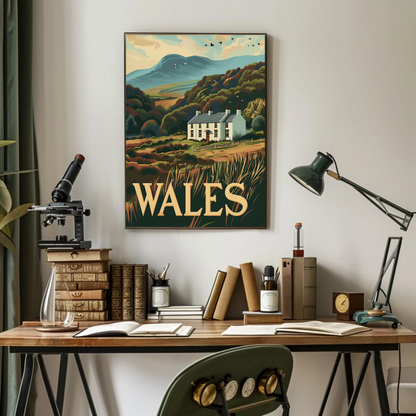 Wales Country Home and Hillside Travel Poster
