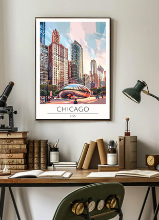Chicago Skyline Travel Poster with Cloud Gate Landmark