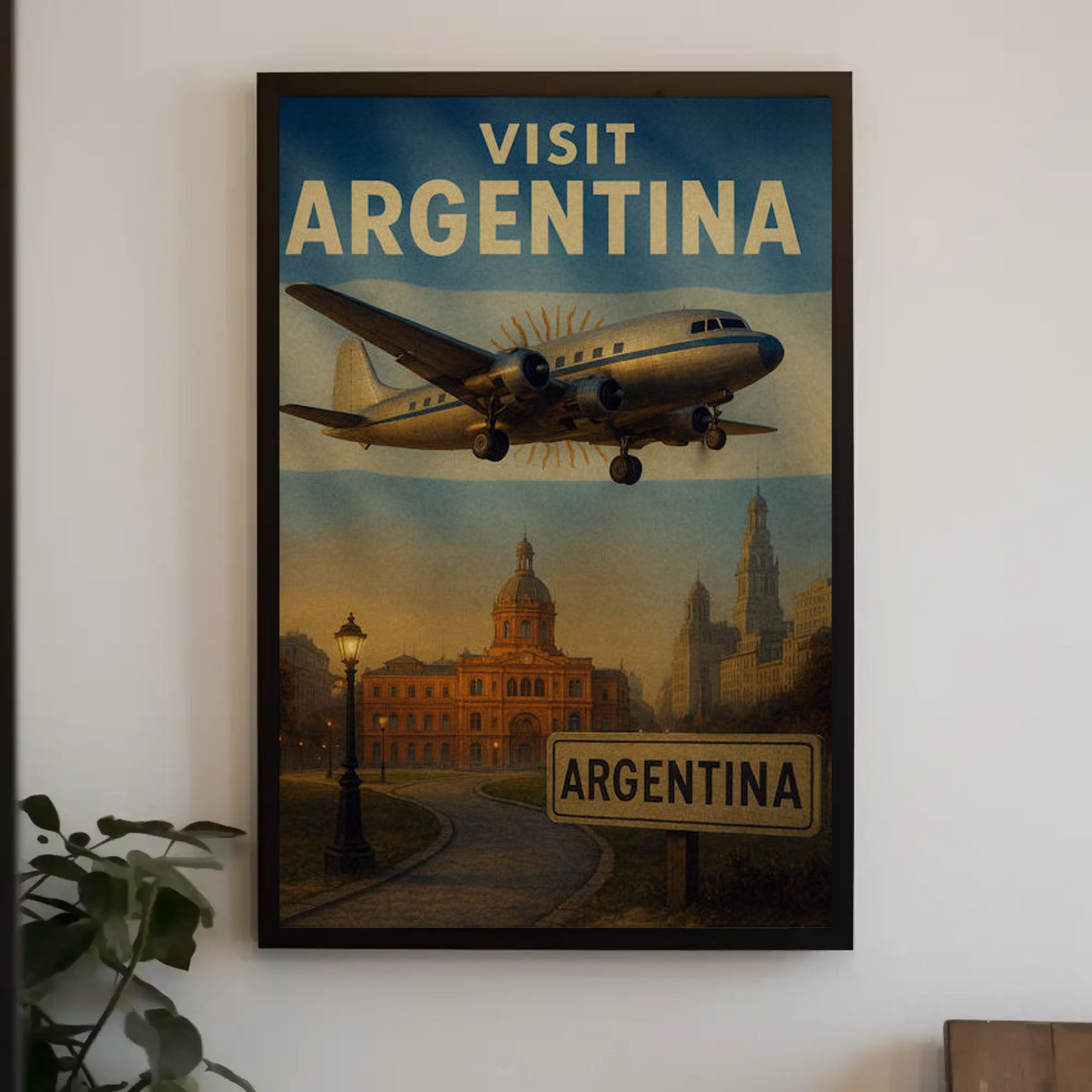 Visit Argentina Sun Emblem Building Flight Travel Poster