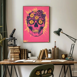 Pink Skull Surreal Flowers Gears Poster