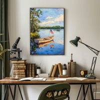 Tranquil Boat On A Calm Lake With American Flag Poster