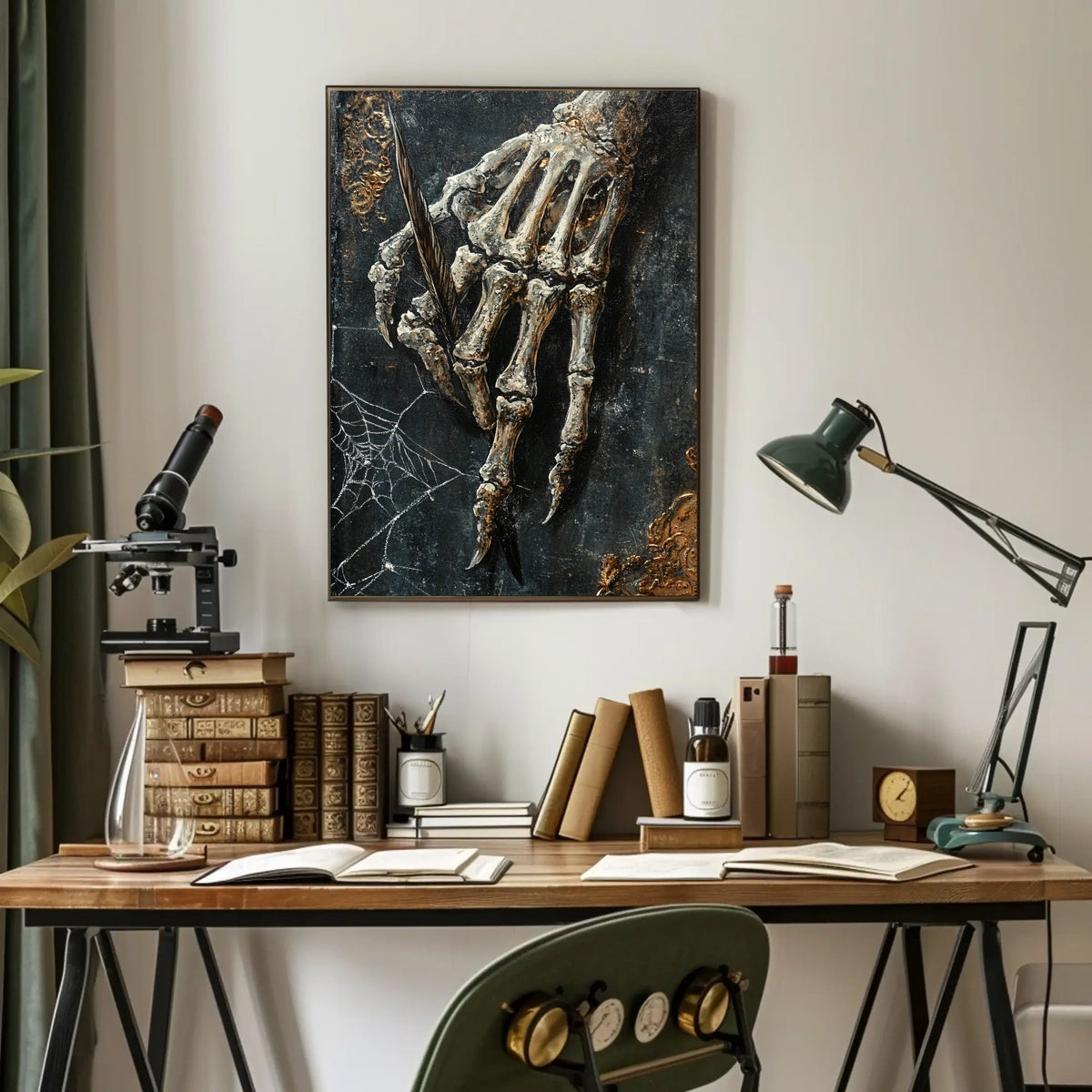 Skeletal Quill Artistic Poster Captures Creativity and Mortality