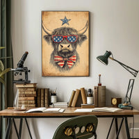 Highland Cow With Stars Sunglasses Americana Poster