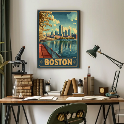 Boston City Skyline Boats River Autumn Travel Poster