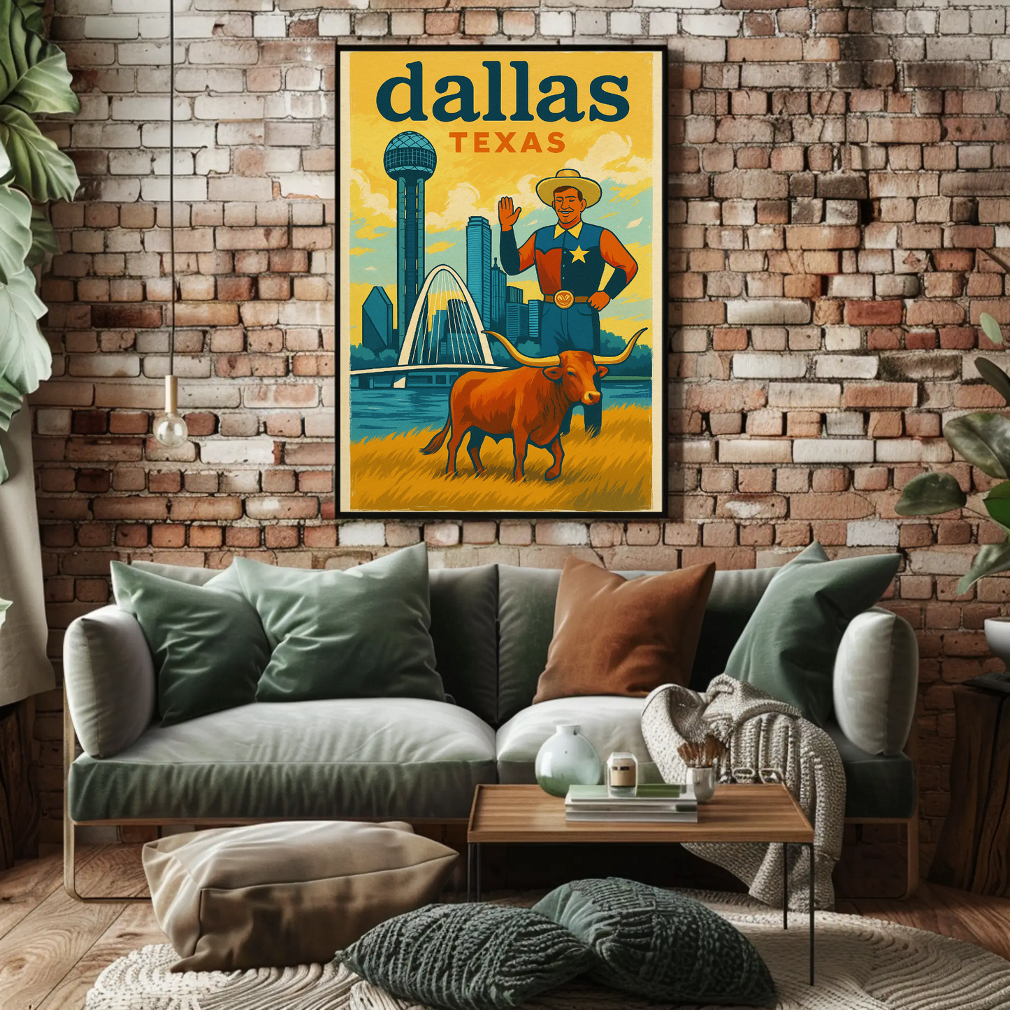 Dallas Cowboy Longhorn Skyline Bridge Sphere Vintage Travel Poster Wall Art
