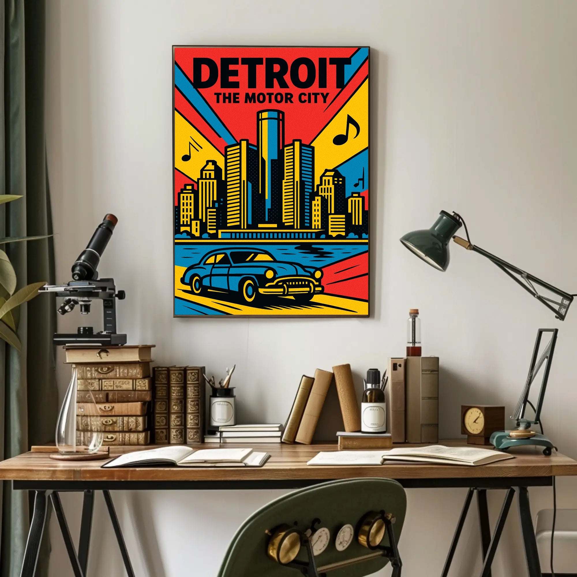 Detroit Skyline Classic Car Vibrant Urban Cityscape Poster
