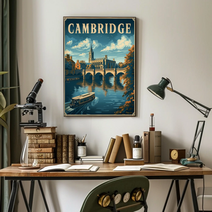Cambridge England Bridge River Cathedral Travel Poster