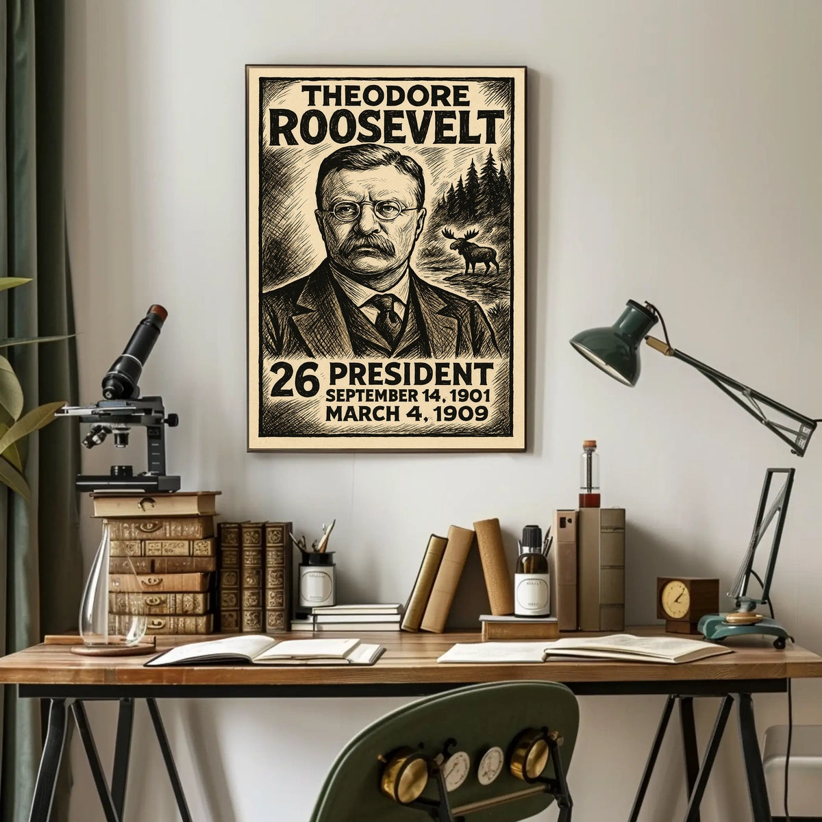 Theodore Roosevelt 26th President of the United States B & W Comic Sketch Poster
