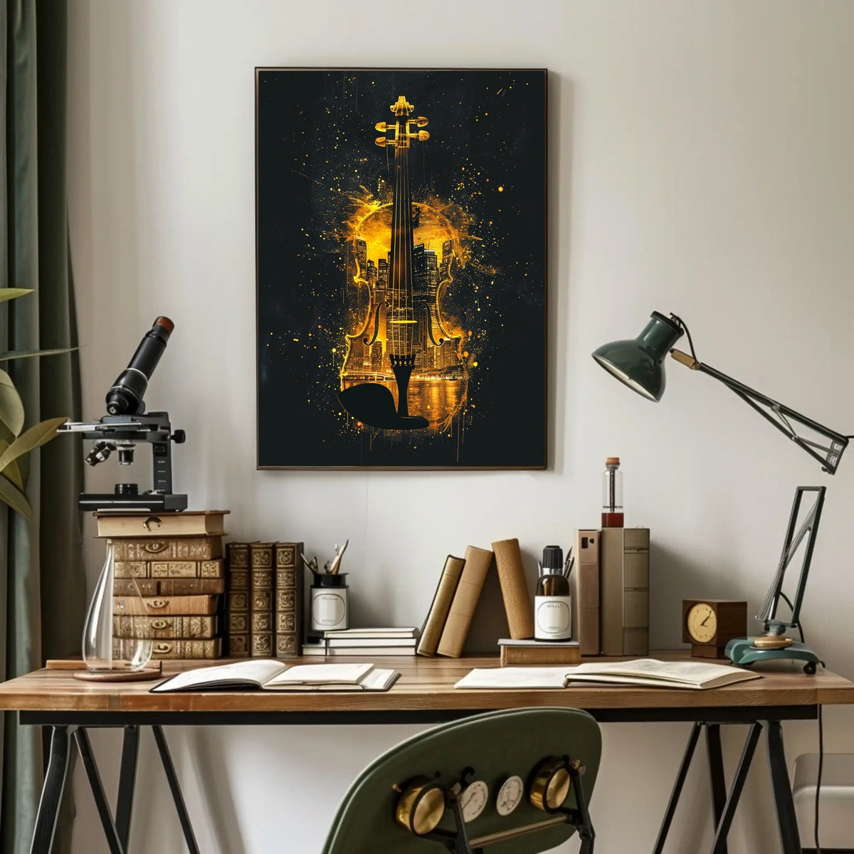 Golden Urban Cityscape Melodic Symphony Violin Silhouette Art Deco Impressionism Elegance Poster