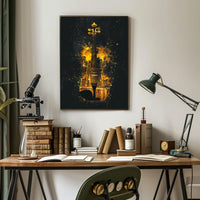 Golden Urban Cityscape Melodic Symphony Violin Silhouette Art Deco Impressionism Elegance Poster