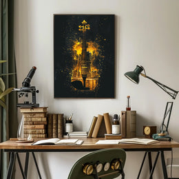 Golden Urban Cityscape Melodic Symphony Violin Silhouette Art Deco Impressionism Elegance Poster