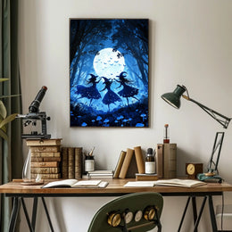 Witches Dancing Under Full Moon Mystical Forest Magic Poster