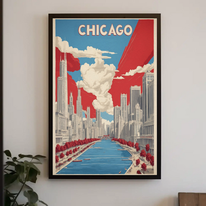 Chicago River Skyline Classic Scene Vintage Travel Poster