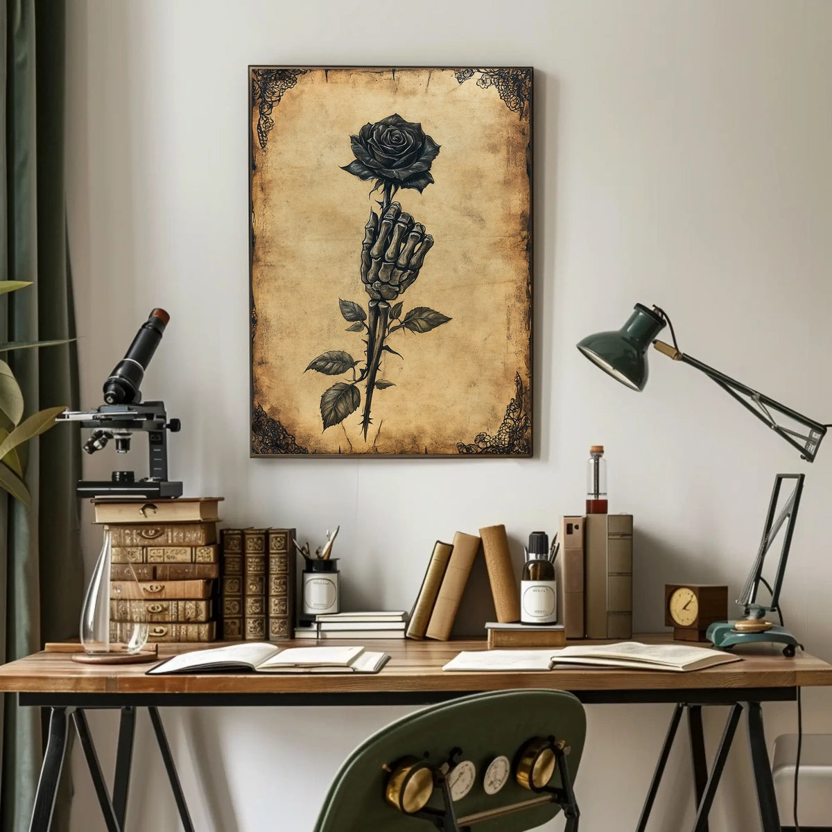 Gothic Skeletal Hand and Black Rose Artistic Poster