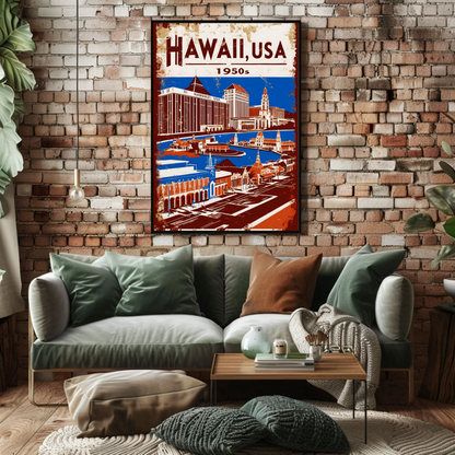 Hawaii USA 1950s Island Life Vintage Maroon Travel Poster