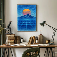 Retro-Futuristic Synthwave Sunset Artistic Poster