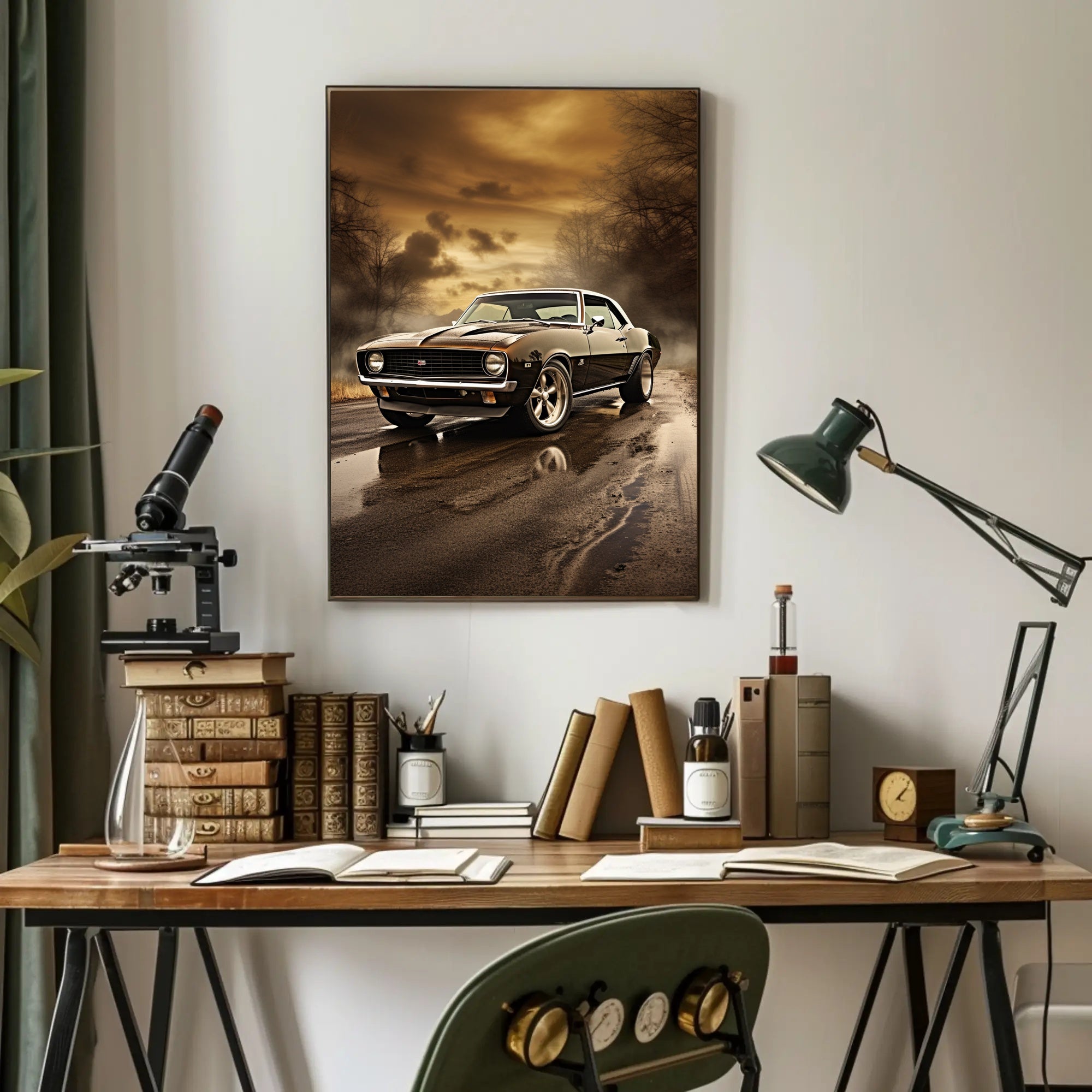 Classic Muscle Car at Sunset Poster PosterGoat