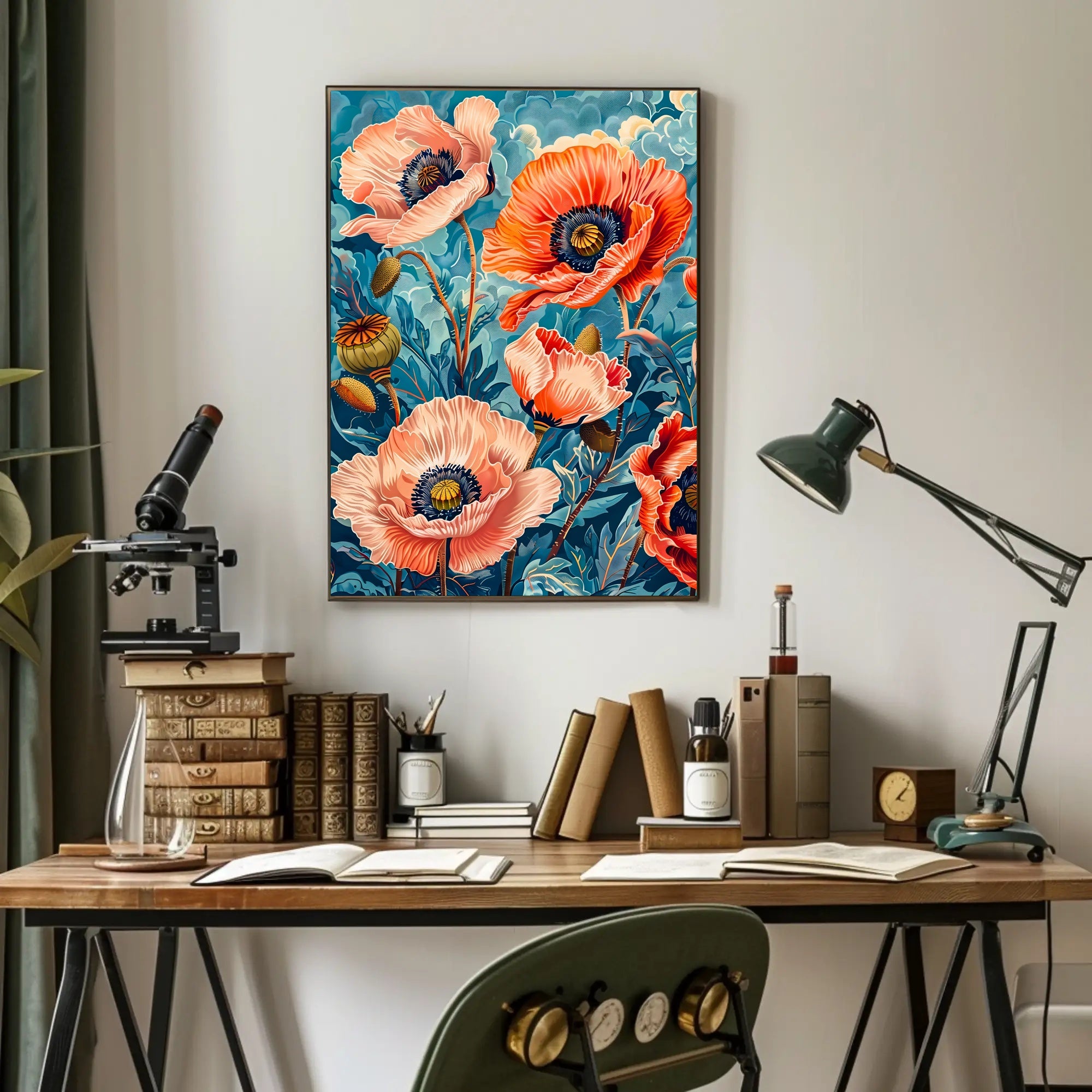 Vibrant Poppy Botanical Art with Vintage Flair Poster