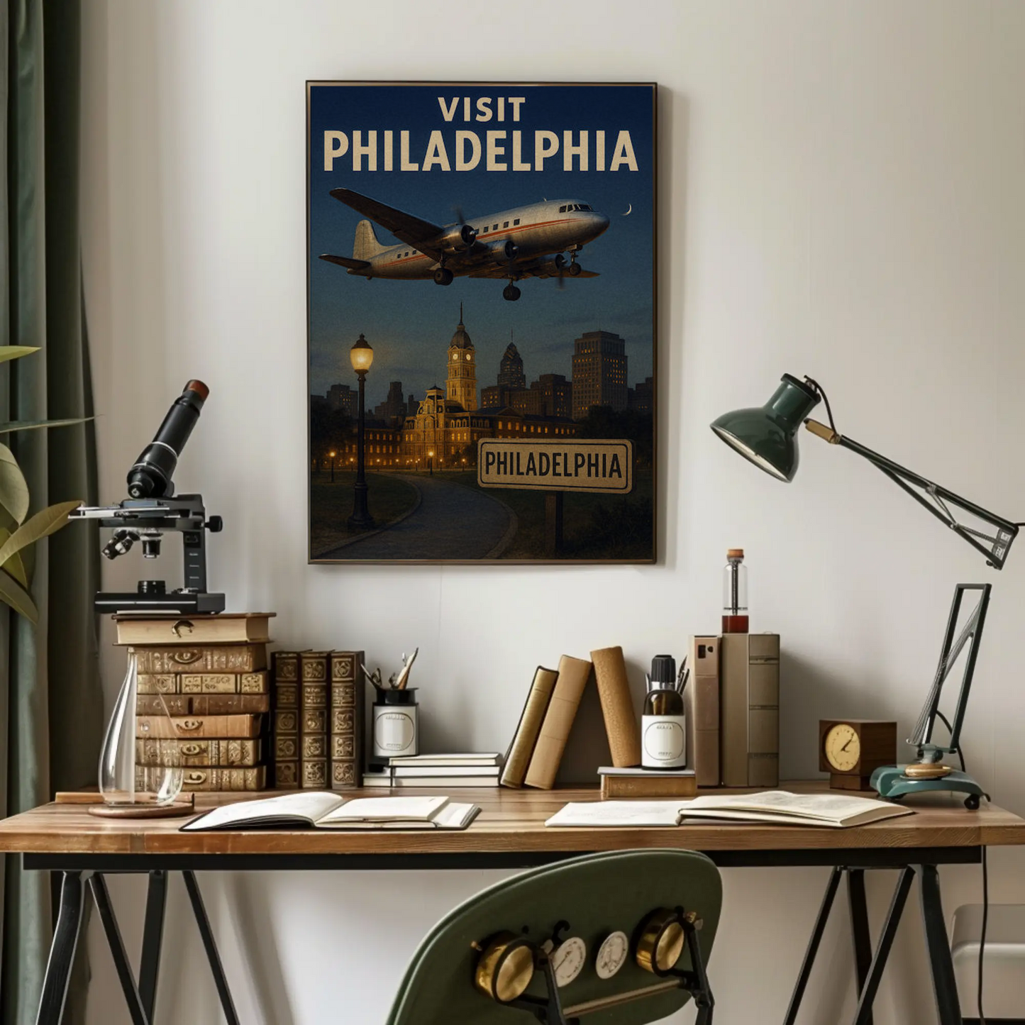 Visit Philadelphia Skyline Night Flight Travel Poster