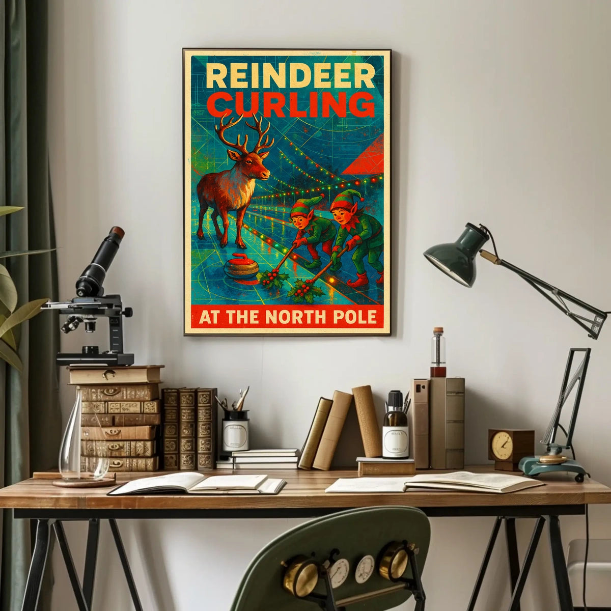 Reindeer Curling at the North Pole Poster